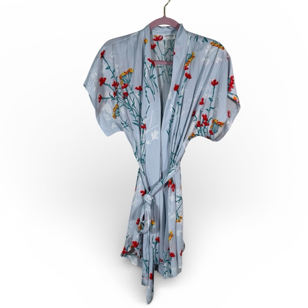 Natori Light Blue Floral Satin Robe with Red & Yellow Accents